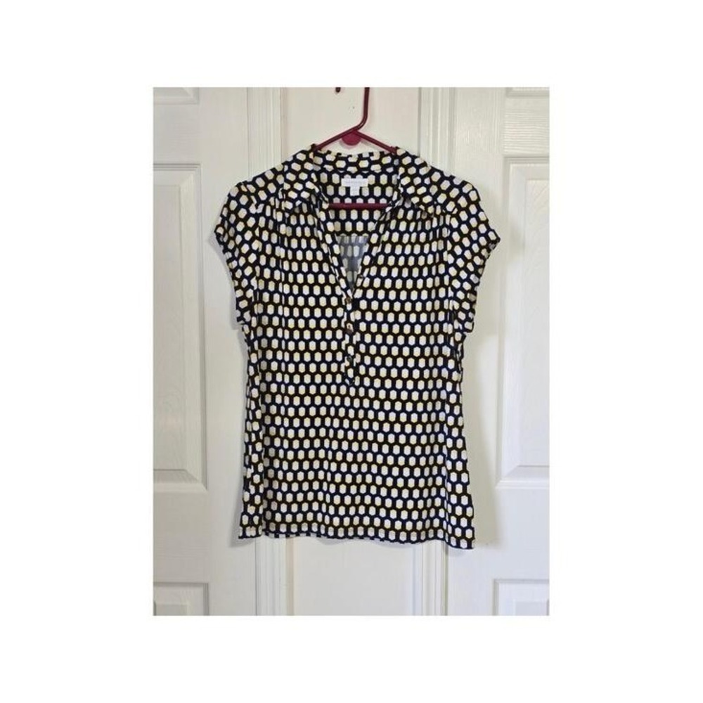 Charter Club Womens Geometric Print Short Sleeve Collared Shirt Top Navy Yellow